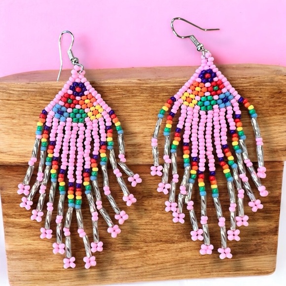 Pink and Silver Beaded Chandelier Earrings Pink Pony Club inspired - Picture 4 of 16